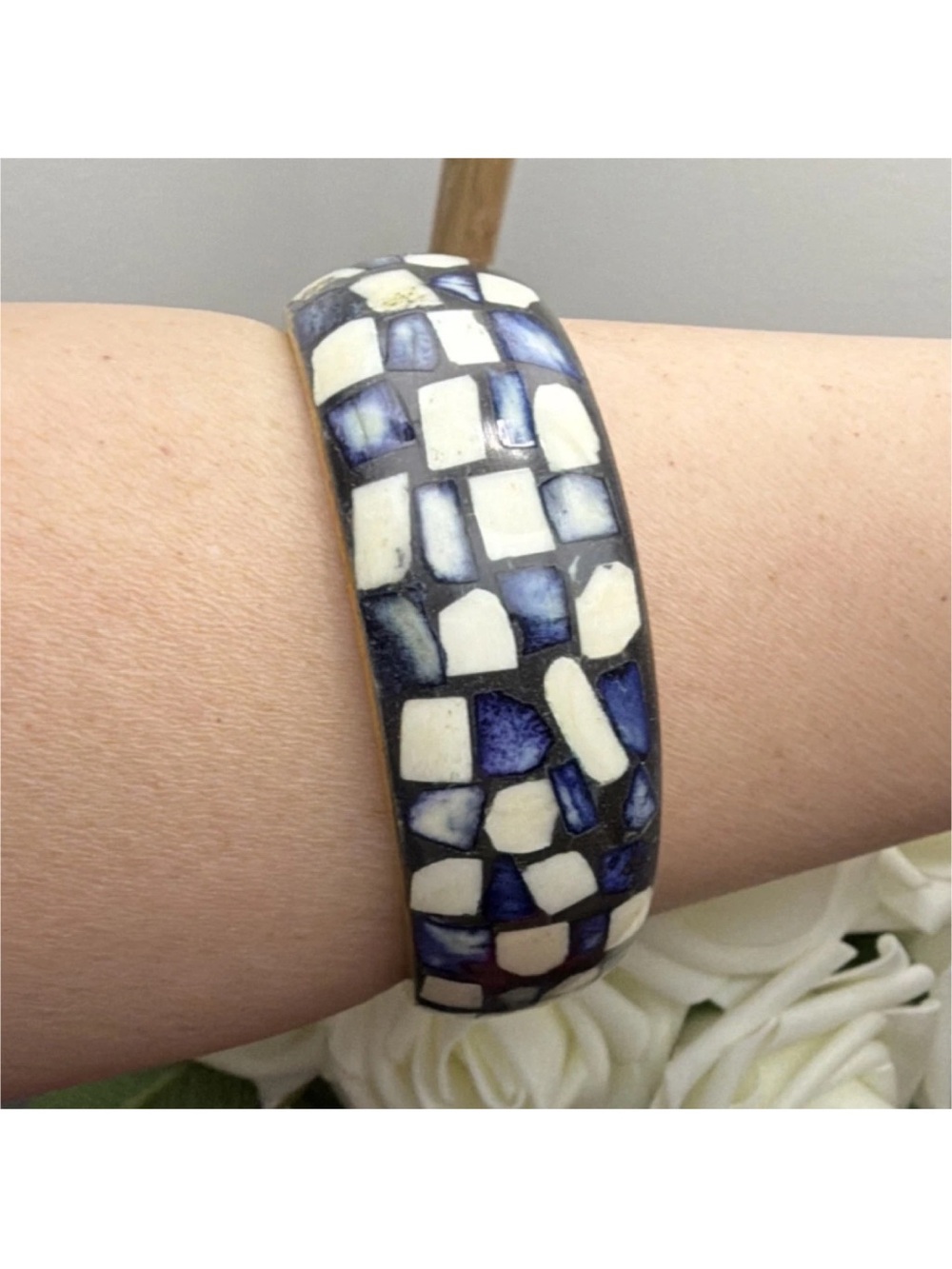Vintage Blue & White Mosaic Enamel Bangle Bracelet Gold Tone Metal No Stone